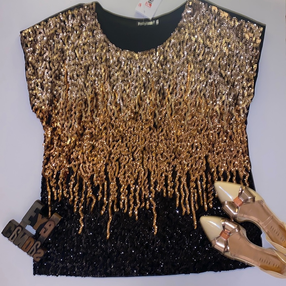 🆕PRETTY GUIDE Women’s Gold & Black Sequin Capped Sleeve Top